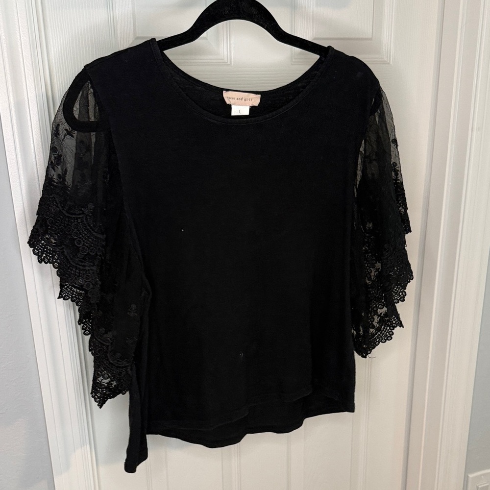 Black Lace Flutter Sleeve Tee by rose and grey